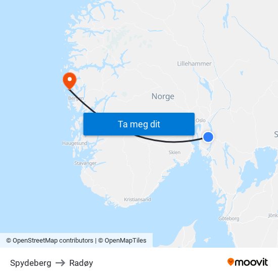 Spydeberg to Radøy map