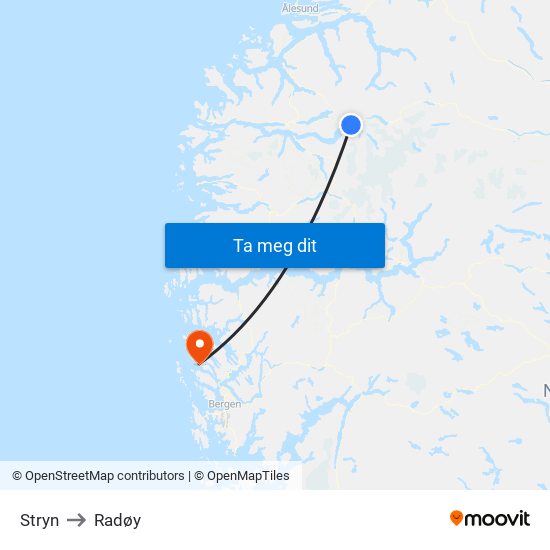 Stryn to Radøy map