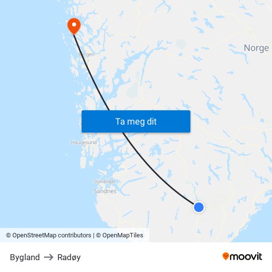 Bygland to Radøy map