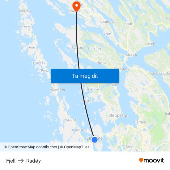 Fjell to Radøy map