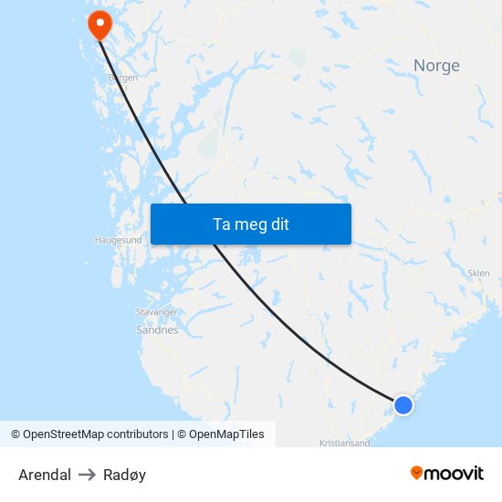 Arendal to Radøy map