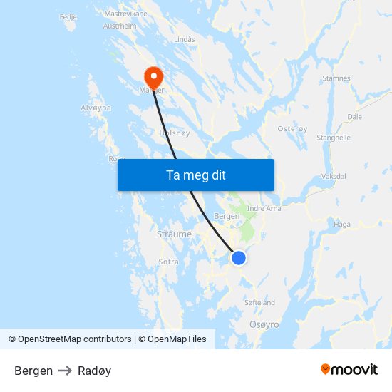 Bergen to Radøy map