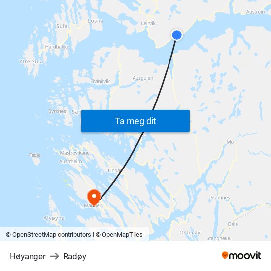Høyanger to Radøy map