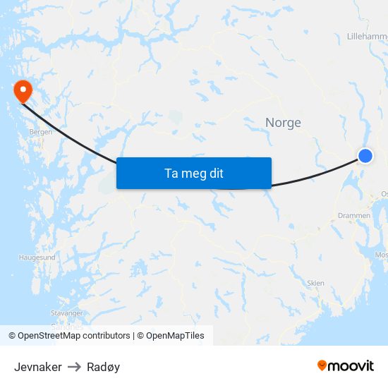 Jevnaker to Radøy map