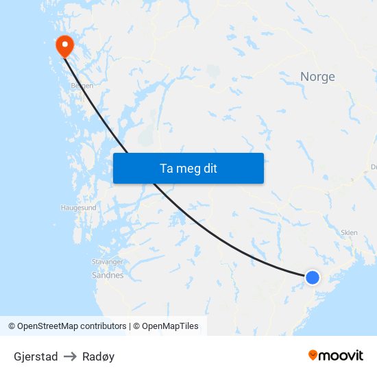 Gjerstad to Radøy map