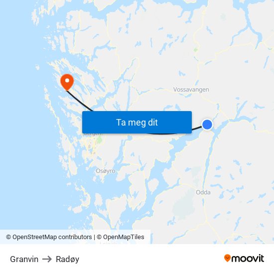 Granvin to Radøy map