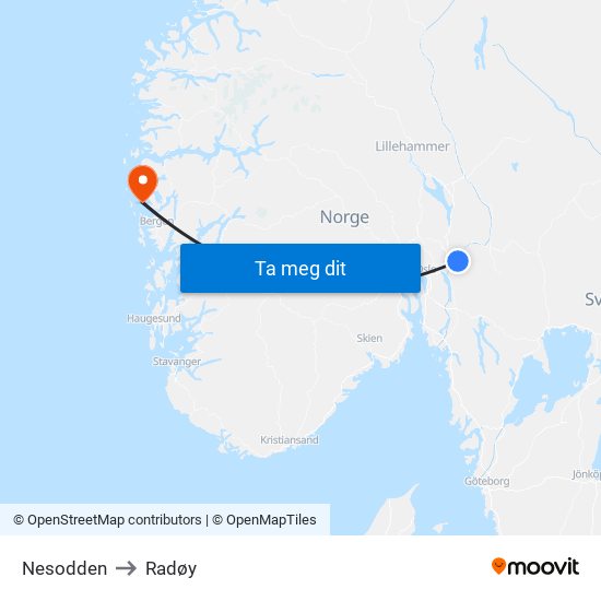 Nesodden to Radøy map
