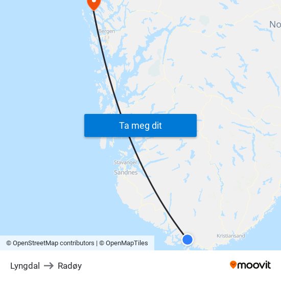 Lyngdal to Radøy map