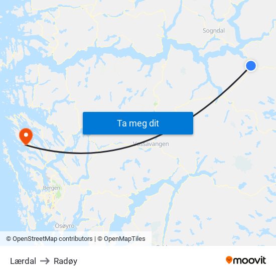 Lærdal to Radøy map