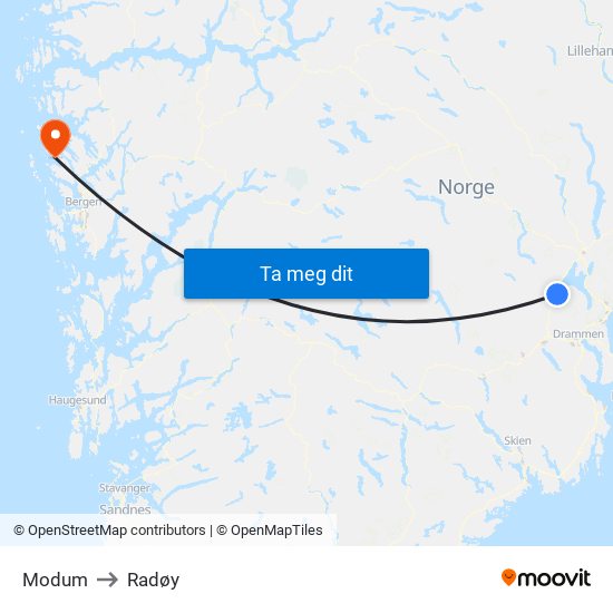 Modum to Radøy map