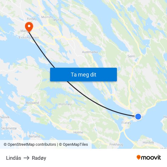 Lindås to Radøy map
