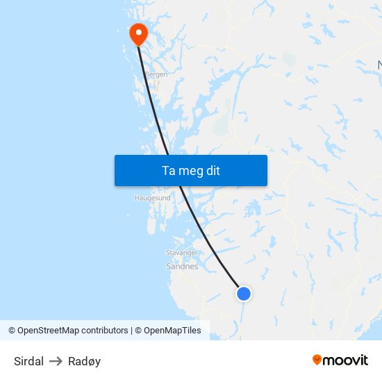 Sirdal to Radøy map