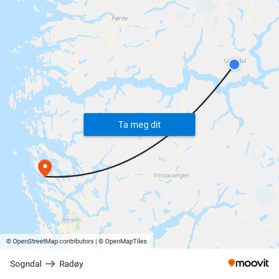 Sogndal to Radøy map
