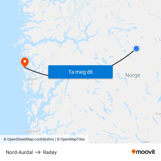 Nord-Aurdal to Radøy map