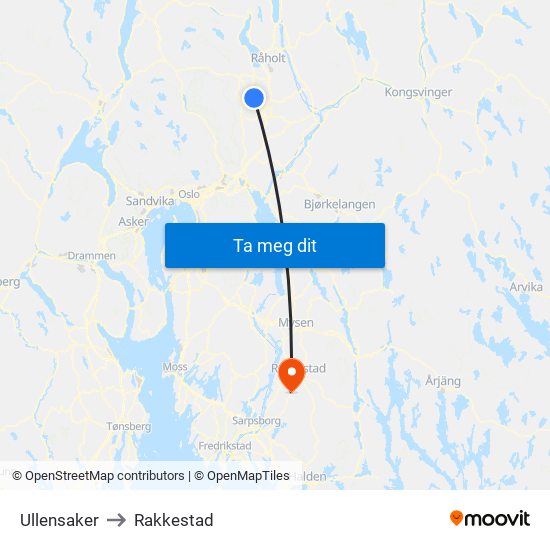 Ullensaker to Rakkestad map