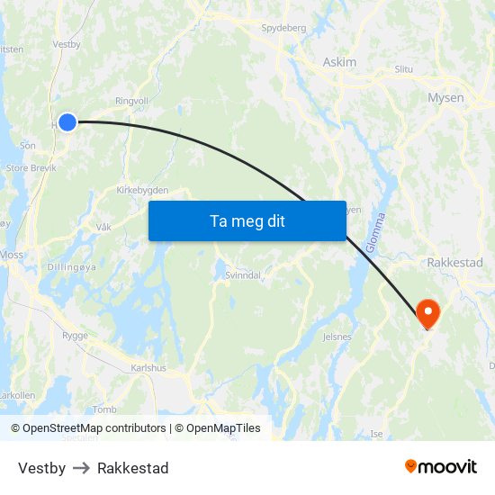 Vestby to Rakkestad map