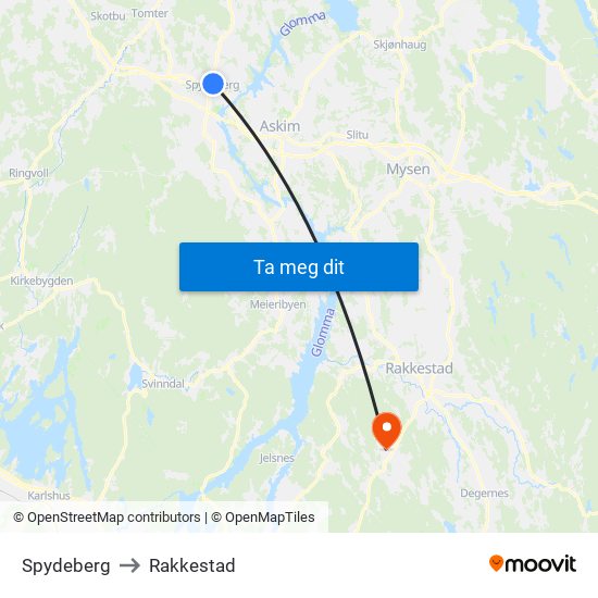 Spydeberg to Rakkestad map