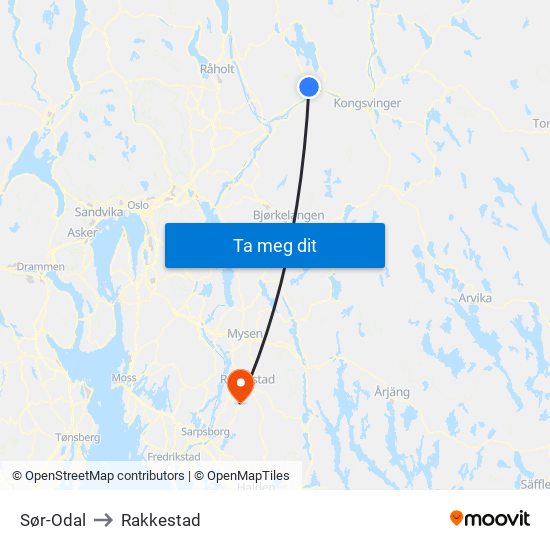 Sør-Odal to Rakkestad map