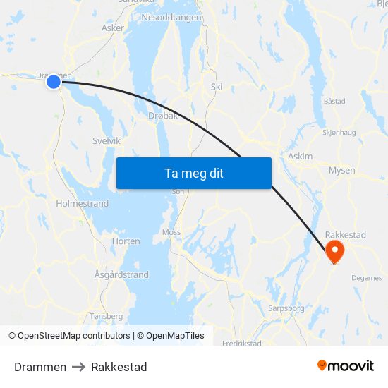 Drammen to Rakkestad map