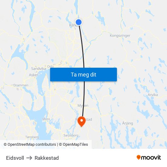 Eidsvoll to Rakkestad map