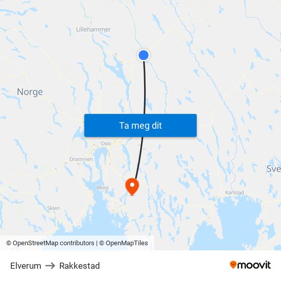 Elverum to Rakkestad map