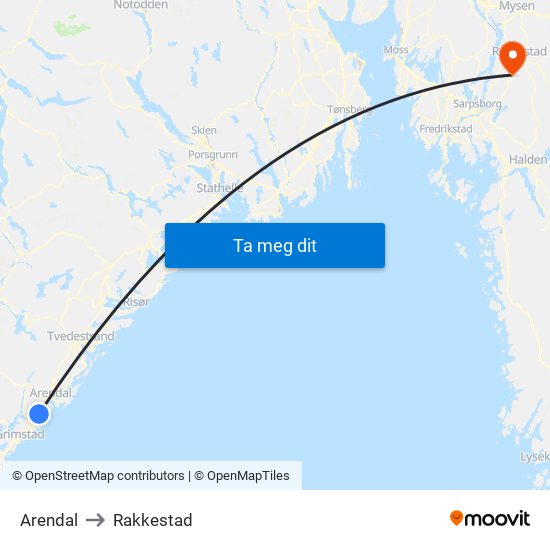 Arendal to Rakkestad map