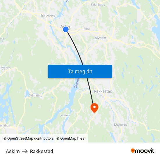 Askim to Rakkestad map