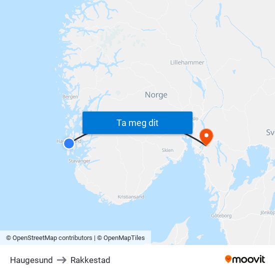 Haugesund to Rakkestad map