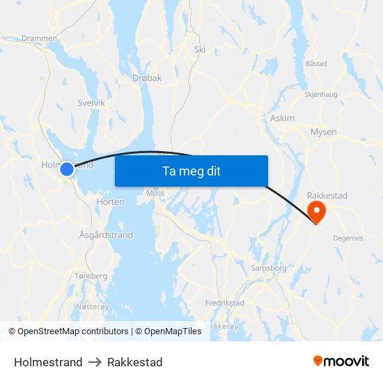 Holmestrand to Rakkestad map