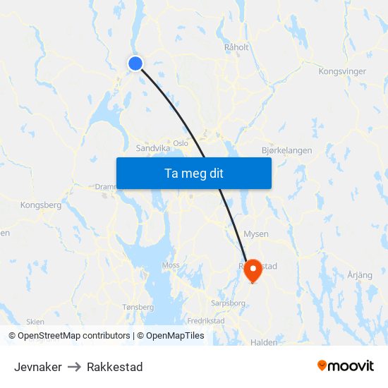 Jevnaker to Rakkestad map