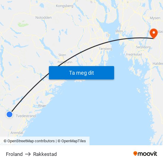 Froland to Rakkestad map