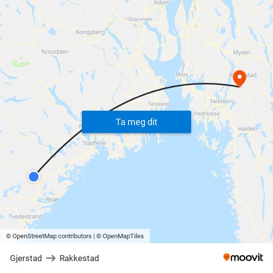 Gjerstad to Rakkestad map
