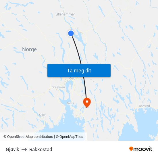 Gjøvik to Rakkestad map