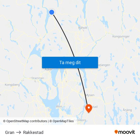 Gran to Rakkestad map