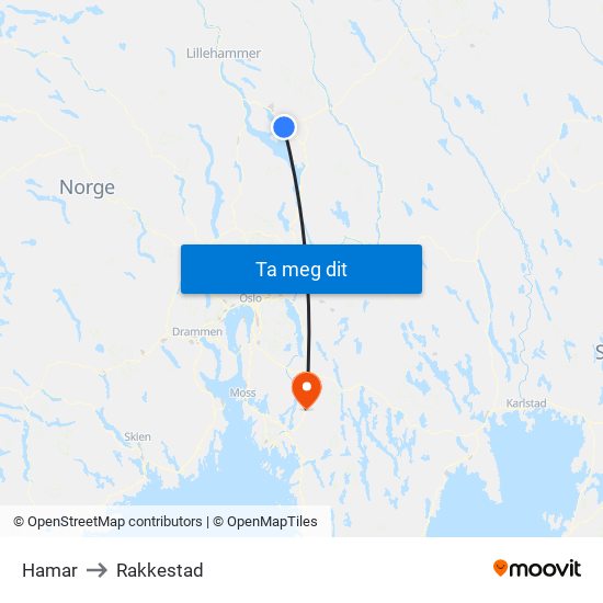 Hamar to Rakkestad map