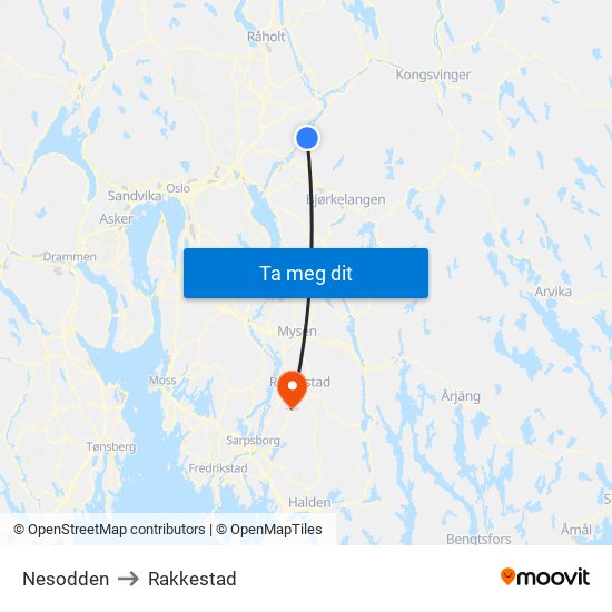 Nesodden to Rakkestad map