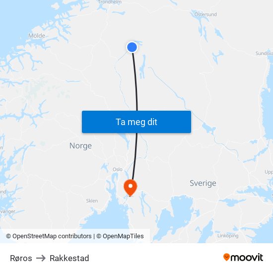 Røros to Rakkestad map
