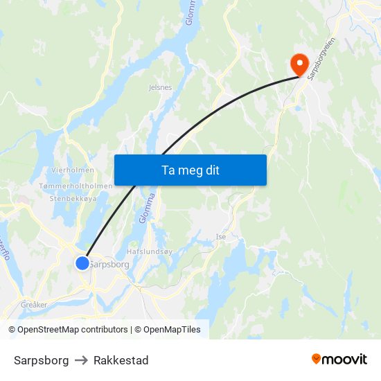 Sarpsborg to Rakkestad map