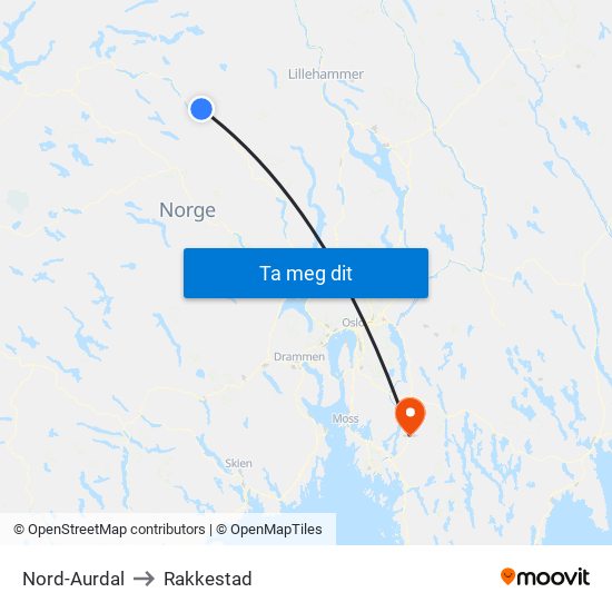 Nord-Aurdal to Rakkestad map