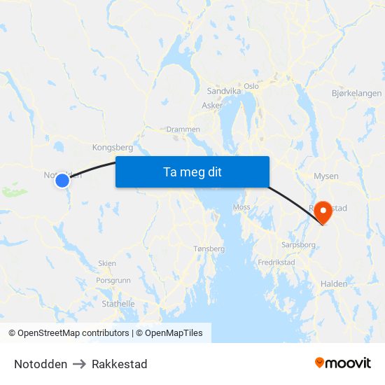 Notodden to Rakkestad map