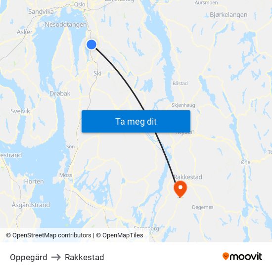 Oppegård to Rakkestad map