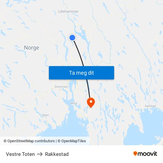 Vestre Toten to Rakkestad map