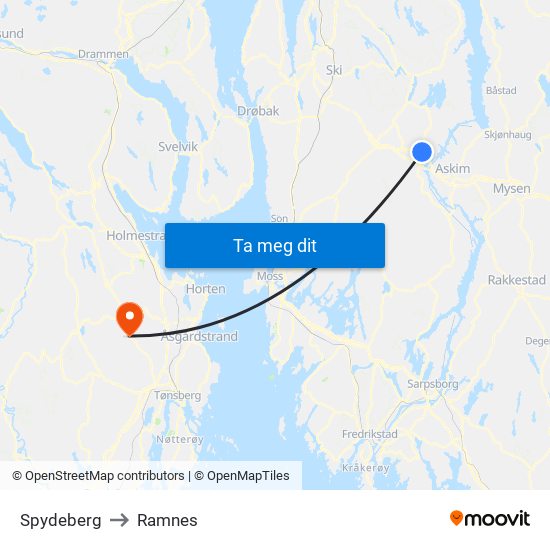 Spydeberg to Ramnes map