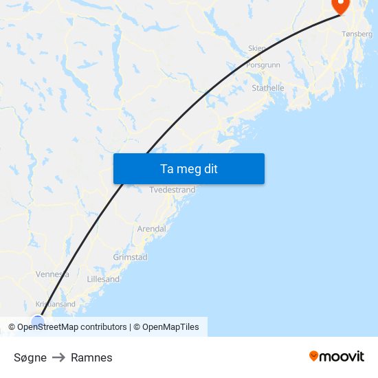 Søgne to Ramnes map