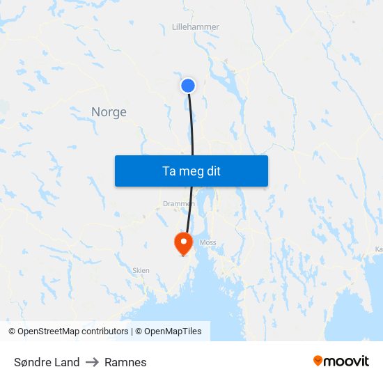 Søndre Land to Ramnes map