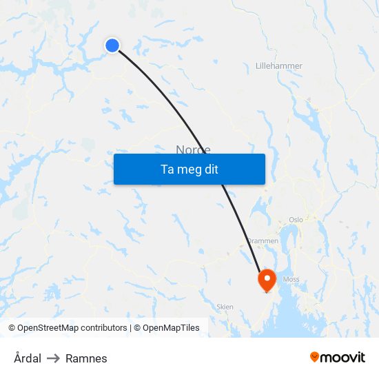 Årdal to Ramnes map