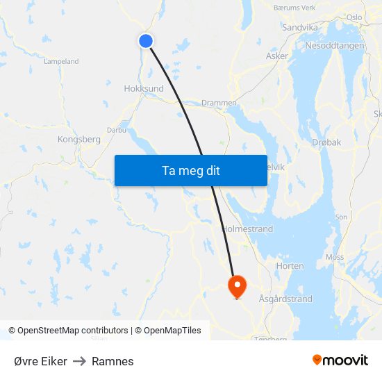 Øvre Eiker to Ramnes map