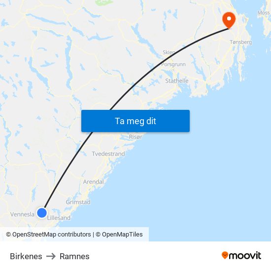 Birkenes to Ramnes map