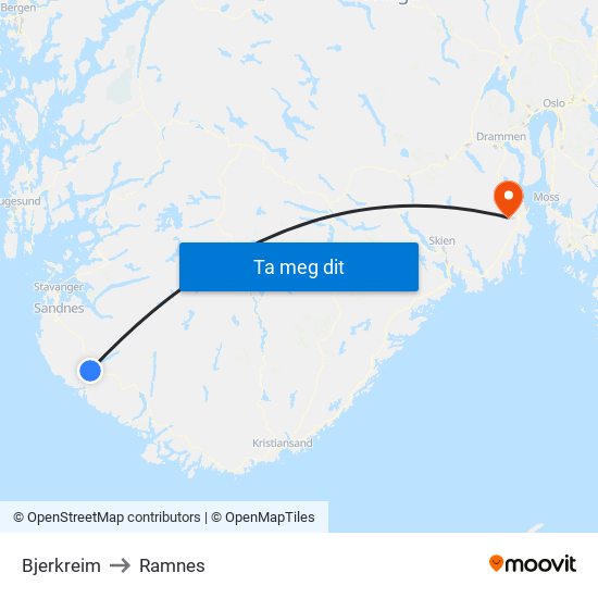 Bjerkreim to Ramnes map