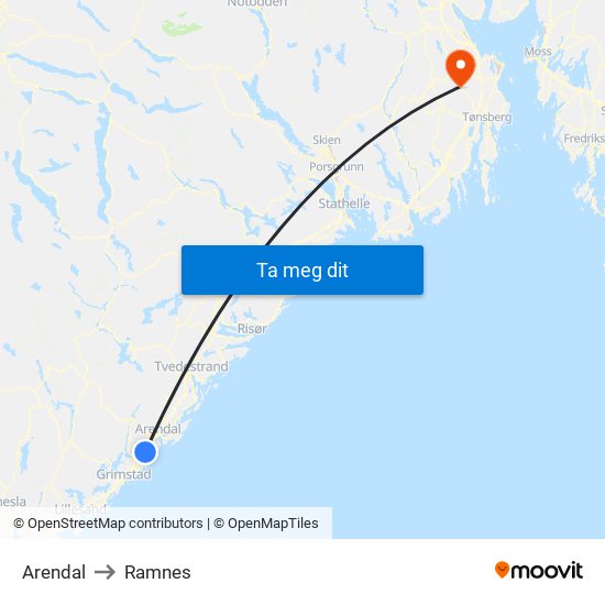 Arendal to Ramnes map